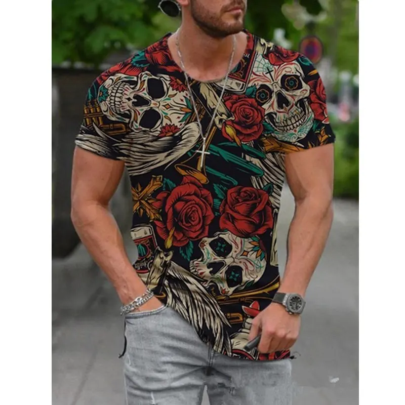 Summer Fashion Men's Casual Personality 3D Digital Printing Slim Round Neck Short Sleeve T-Shirt MOQ 1 Piece