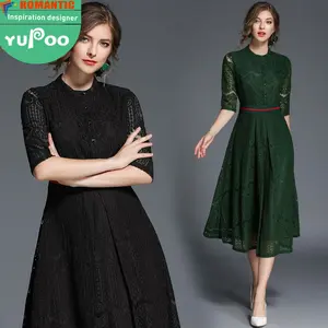 In stock 2021 spring new women's lace five-point sleeve mid-length high-waist casual dress