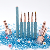 Ensemble de pinceaux professionnels de luxe pour nail art 2027, manche métallique bleu, avec cristaux et strass, pour liner et gel, ovales et ondulés