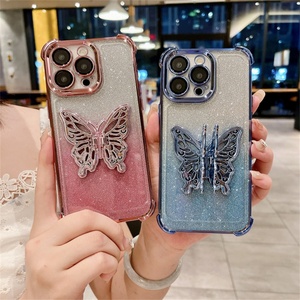 Full Camera Coverage Glitter Stylish Transparent Butterfly Phone Case for <b>Iphone</b> 16 15 14 With <b>Holder</b> Stand - Product Image 2