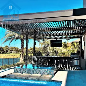 Estilo moderno de aluminio pérgola impermeable gazebo lumbrera techo 100% impermeable motorizado control remoto