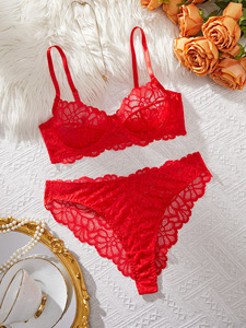 Red Floral Lace Bra and Thong <b>Set</b> Women's <b>Sexy</b> Lingerie Underwire Bralette With Embroidery Detailing Semi Sheer Intimates - Product Image 2