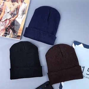 A93 cappelli lavorati a maglia con risvolto personalizzati economici all'ingrosso inverno caldo puro colore spesso melone berretto di lana cappello lavorato a maglia