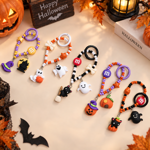 Halloween Cartoon Beaded Phone Charm Metal <strong>Keychain</strong> Ghost Pumpkin Black Cat Witch Hat Bag Charm Pendant Strap Accessory - Product Image 1