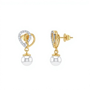 18K 14K Gold Plated Round <b>Diamond</b> Pearl <b>Earrings</b> Teardrop Loop Drop <b>Dangle</b> <b>Earrings</b> Freshwater Cultured Pearl <b>Earrings</b> - Product Image 2