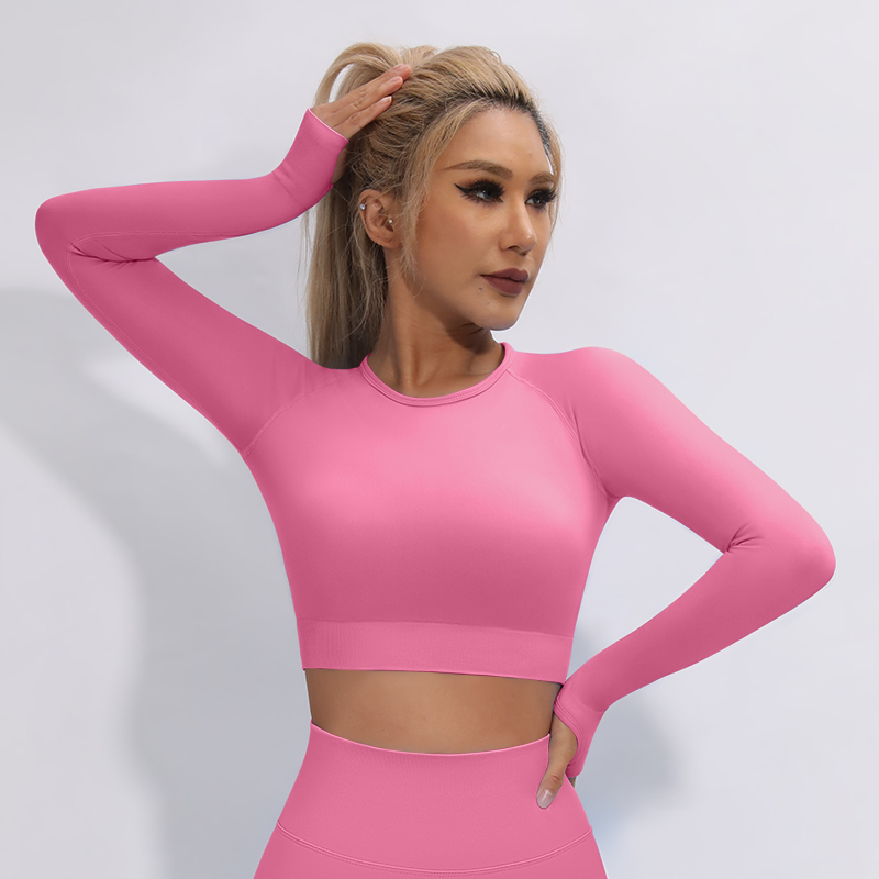 Pink Round Neck Long Sleeve Yoga Top With Thumb Hole Multi-Color Options-10 Colors Available for Female Use
