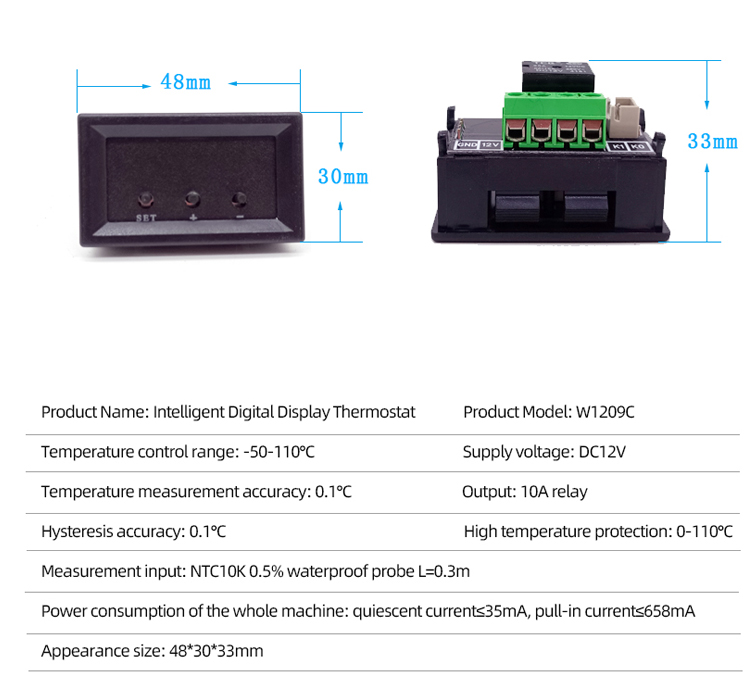 W1209 WK DC12V LED digital thermostat thermometer temperature switch temperature controller +NTC sensor(图2)