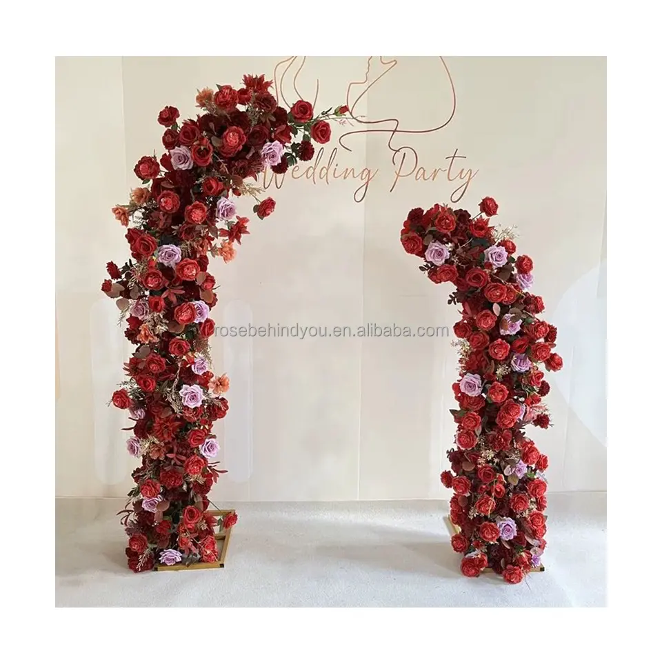 Rosebehindyou Klaar Gemaakt Fabrikant Rode Rose Hoorn Boog Met Kunstmatige Bruiloft Boog Bloem Decor Bloemen Boog