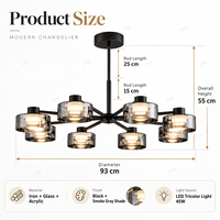 Lustre moderne noir à 8 lumières avec abat-jour en verre fumé LED, idéal pour salle à manger, salon, hôtel, salon, réception, décoration