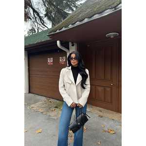 Beige Ladies <b>Double</b>-Breasted Outerwear Jacket <b>Quilted</b> Leather with Customizable Logo Lightweight and Short Length - Product Image 3