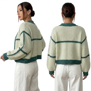 Cardigan en tricot color block pour femme, col rond, ouvert sur le devant, manches courtes, coupe classique, décontracté, automne-hiver - Product Image 1