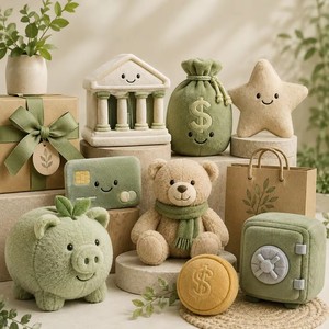 Set de Peluches Personalizados Estilo Bosque Verde Salvia: Hucha de Peluche con Diseño de Banco y Colgante de Oso con Bufanda - Product Image 1