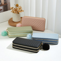 Dompet Genggam Klasik Kulit PU Jahitan Quilting Portabel Modis 2026, Dompet Genggam Multi-Slot Kartu dengan Ritsleting Ganda
