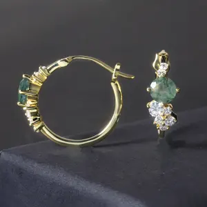 OL1007 Abiding Jewellery China Manufacturer 2022 Designs Silver Natural 6mm Moss Agate Hoop Earrings with White CZ