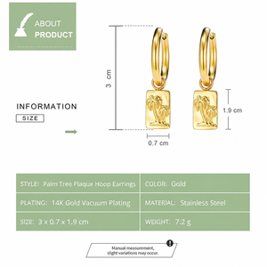 Boucles d'oreilles créoles rectangulaires en acier inoxydable plaqué or 14K sous vide, motif palmier, breloques tropicales - Product Image 2