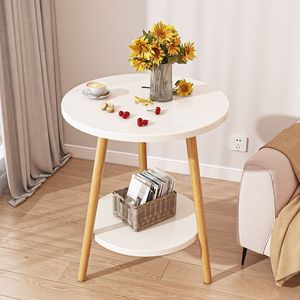 <b>Sofa</b> <b>Side</b> <b>Table</b> Nordic Mini Round Coffee <b>Table</b> With Shelf Living Room Bedside <b>Table</b> Warm White Marble Light Walnut Legs - Product Image 1