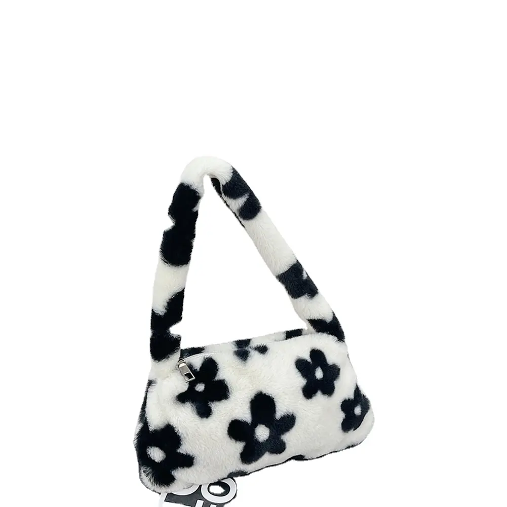 INS Fashion Women Cow Print Mini Shoulder Bags Winter Plush Underarm Bags Leopard Zebra Pattern Fluffy Hand Bags Travel Purses
