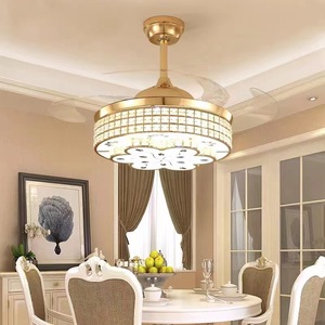 Ventilateur de plafond moderne pour salon de villa avec éclairage LED et télécommande, 5 vitesses, montage encastré, finition dorée et cristaux - Product Image 3