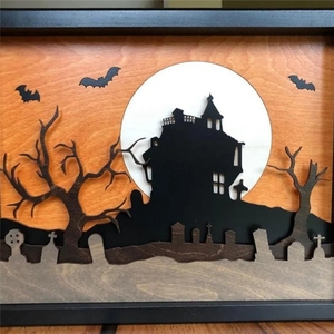 <strong>Halloween</strong> Double Layers Wooden Ornaments Bat House Black Tree Home Decoration Laser Cut Wood Shadow Wall Art - Product Image 2