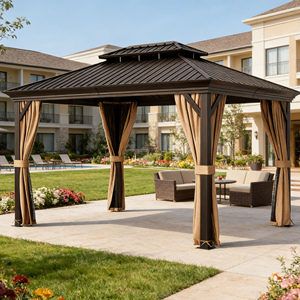 Pabellón <span class=keywords><strong>de</strong></span> Techo Rígido con Estructura Metálica <span class=keywords><strong>de</strong></span> Doble Capa Antióxido, Gazebo para Exteriores Resistente a la Intemperie con Cortinas <span class=keywords><strong>de</strong></span> Privacidad - Product Image 2