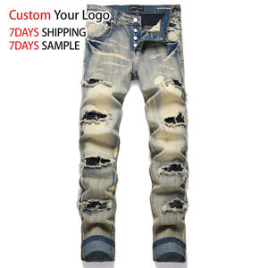 Jeans de Mezclilla Elásticos de Alta Calidad, Ajustados, Estilo Vintage Azul, Personalizados, Rectos, Desgastados, Ajustados para Hombre - Product Image 1