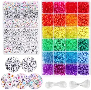 Venda quente 4000Pcs Colorido Grande Buraco Rainbow Semente De Vidro Pony Beads Carta Alfabeto Beads Set para Artesanato