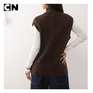 Fabricant de pulls certifié BSCI, logo personnalisé, <span class=keywords><strong>pull</strong></span> <span class=keywords><strong>sans</strong></span> manches en tricot torsadé unisexe, fermeture éclair, coton brun, laine, cardigan <span class=keywords><strong>sans</strong></span> manches - Product Image 3