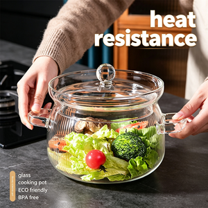 Accessoires de cuisine, articles sans BPA, fait main, transparent, rayures verticales, pot à ragoût en <span class=keywords><strong>verre</strong></span> borosilicate de haute qualité avec <span class=keywords><strong>couvercle</strong></span> et poignées - Product Image 2