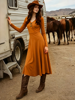 Robe midi extensible unie à col en V et manches longues boutonnées pour femme grande taille, style western cowboy, taille haute et effet ventre plat