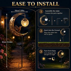 Lámpara Solar de Jardín con Forma de Colibrí y Luna, Luz Amarilla de Hierro y Vidrio para Caminos, Decoración Exterior, IP65 Impermeable, con Sensor de Luz y Batería - Product Image 6