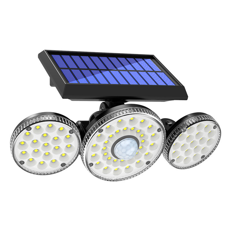 Outdoor IP65 Waterproof Three Head Motion Sensor Rechargeable High Bright 70 LED Solar Wall Light for Courtyard Garage Garden