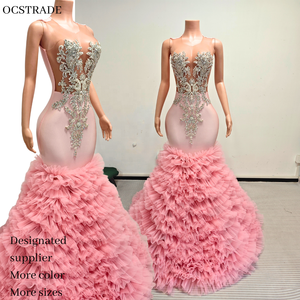 Ocstrade Garment-Manufacturers Customized Luxury Pink Rhinestone Sleeveless Multi-Layered Tulle Train Long <strong>Prom</strong> Evening Dress - Product Image 1