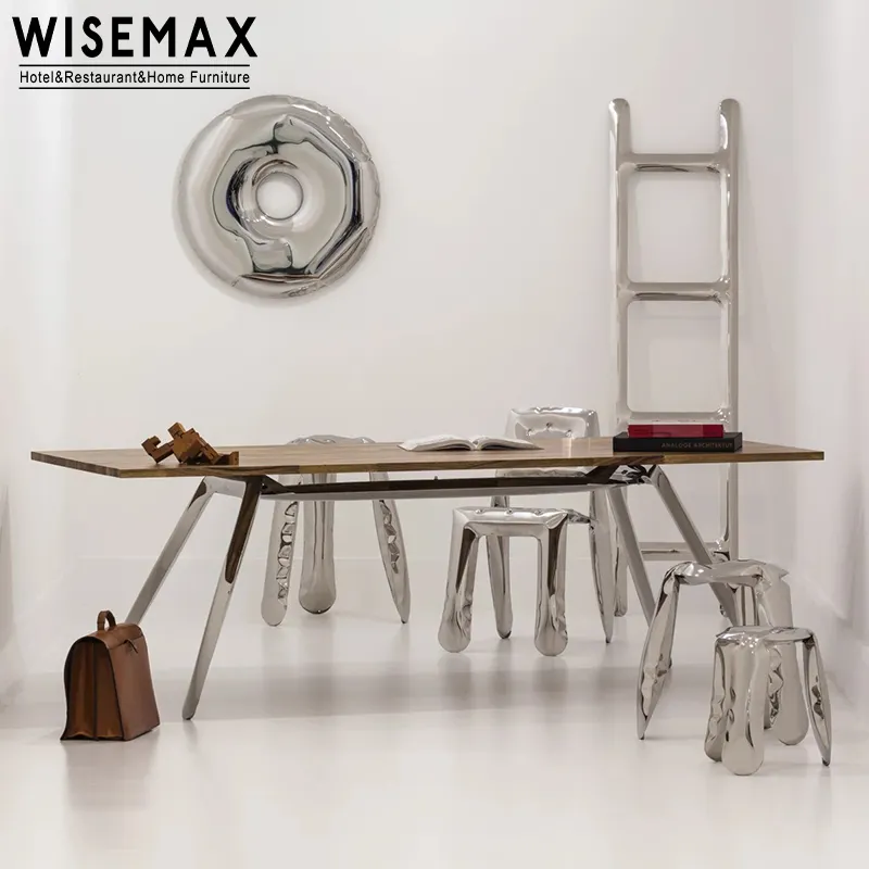 WISEMAXユニークなデザイナーポリッシュステンレススチールライティングテーブルホームオフィス木製トップ会議テーブルクリエイティブダイニングテーブル