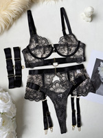 Ensemble de lingerie sexy en dentelle brodée transparente de haute qualité pour femmes, soutien-gorge et culotte en maille florale brodée, 3 pièces