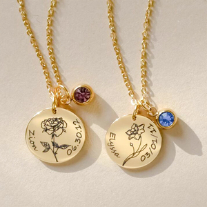 Mois de naissance Fleur Collier Personnalisé Pièce Gravure Bijoux En Or Bijoux Personnalisés Timbres Naissance Pierre Bijoux Bijoux En Ou Véritable - Product Image 1