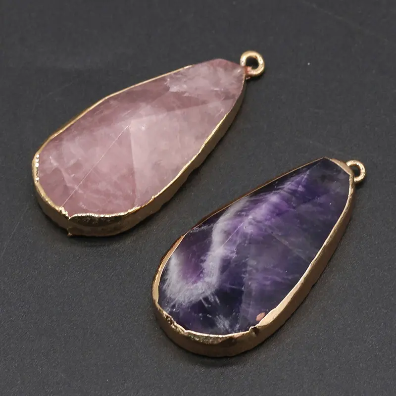 Waterdrop Shape Natural Amethyst Rose Quartz Pendant Necklace Coated Crystal Faceted High Grade
