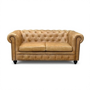 Luxury Beige Chesterfield Leather <b>Sofa</b> Two Seater <b>Wood</b> <b>Frame</b> Deep Button Tufted Back Rolled Arms Vintage Living Transitional - Product Image 4