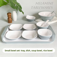 Bols à soupe, assiettes, tasses, cuillères, vaisselle colorée en mélamine, style minimaliste moderne, petit ensemble repas, plateau, condiments pour riz