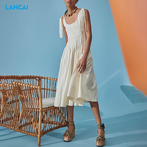 Vestido MIDI <span class=keywords><strong>de</strong></span> <span class=keywords><strong>mujer</strong></span> plisado con cuello profundo suave <span class=keywords><strong>de</strong></span> algodón 100% personalizado con correa ancha para <span class=keywords><strong>ropa</strong></span> informal <span class=keywords><strong>de</strong></span> verano - Product Image 4