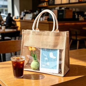 DIY Printing Logo Transparent PVC Window Jute Tote Bag Vintage <b>Retro</b> Eco Friendly Reusable Handbag for <b>Gift</b> Shop - Product Image 2