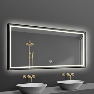 <span class=keywords><strong>Miroir</strong></span> de salle de bain rectangulaire à LED avec cadre <span class=keywords><strong>noir</strong></span>, <span class=keywords><strong>miroir</strong></span> mural à double éclairage avec commande tactile pour double vasque - Product Image 1