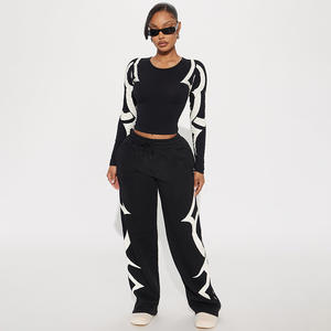 Ensemble haut et <span class=keywords><strong>pantalon</strong></span> pour <span class=keywords><strong>femme</strong></span>, col rond, imprimé, avec cordon de serrage, <span class=keywords><strong>pantalon</strong></span> ample à taille haute avec cordon de serrage, pour l'automne/hiver - Product Image 1