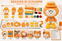 Figurine en peluche personnalisée orange de dessin animé OEM/ODM avec chapeau à large bord et bottes jaunes