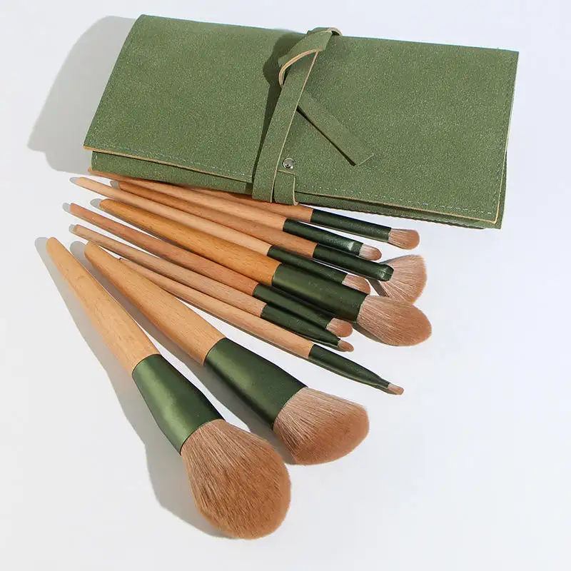 Conjunto de pincéis de maquiagem, pincéis verdes de madeira com cabo de bambu, pincéis de maquiagem feitos de cabelo sintético, profissional do vegan com 10 peças