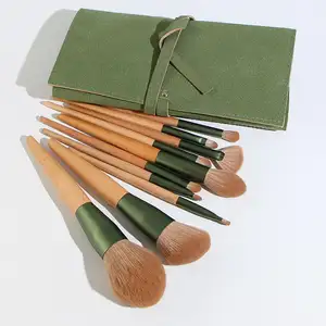 10 Pcs Green Vegan Wooden Handle Bamboo Synthetic Hair Makeup Brushes Professional Custom Makeup Brush Set