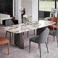 Ensemble de table à manger rectangulaire de luxe contemporain en marbre et ardoise pour 6 personnes, base semi-cylindrique en acier inoxydable pour hôtel, villa