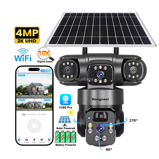 Hongnaer 4MP 3 Video Dual Lens WiFi Wireless Solar Powered PTZ Camera V380 Pro Surveil Outdoor Security WiFi CCTV Solar Camera