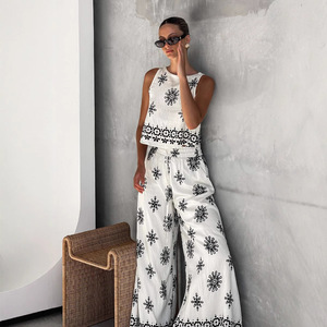 European American Fashion <b>Linen</b> Vest Wide Leg Pants <b>Set</b> White Smlxlxxl Casual Stylish Commute - Product Image 1