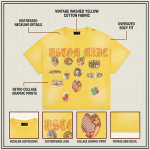 เสื้อยืดกราฟิกสีเหลืองวินเทจ ทรงบ็อกซี่ ผ้าคอตตอนหนา คอกลม สไตล์สตรีทแวร์  แบบทำสีซีดจาง  เสื้อยืดผู้ชายสั่งทำพิเศษ - Product Image 3