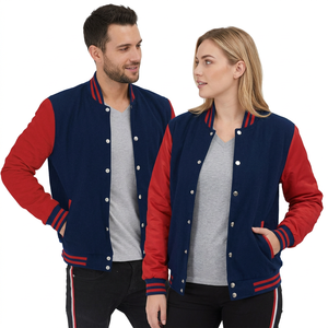 Chaqueta Varsity Unisex Azul Marino y Roja con Cuello Mao, Cierre de Botones, Corte Regular, Capucha, Impermeable, Estilo Urbano, Ropa de Invierno - Product Image 1